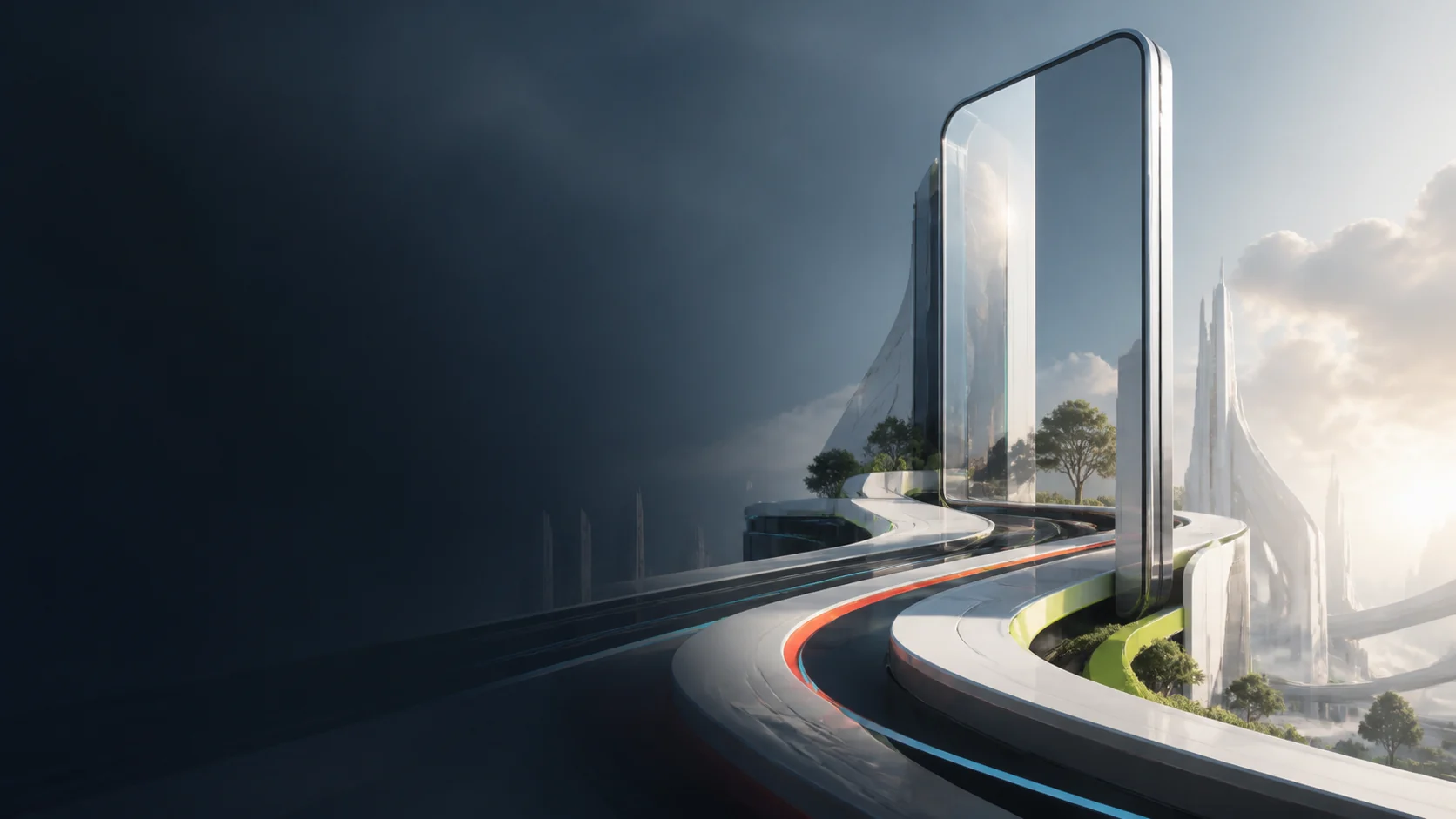 A sculptural mobile screen and flowing paths in a luminous architectural world